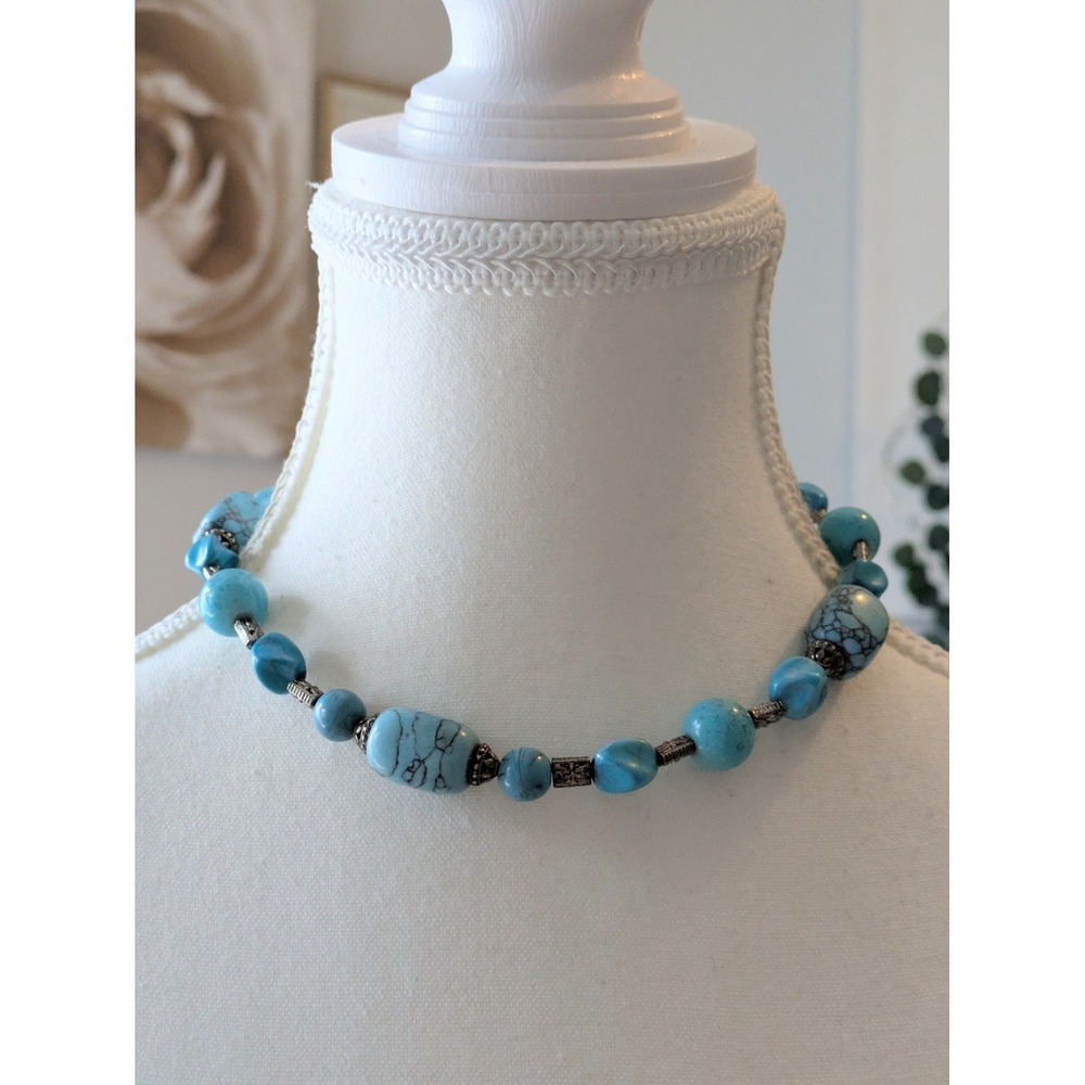 Faux Turquoise Choker Necklace Nugget Style Chunky Beads Southwestern Blue